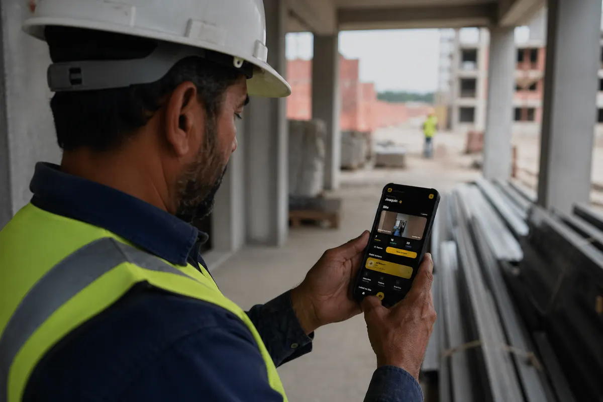 ConstruLog app showing jobsite photos and an AI-written daily report